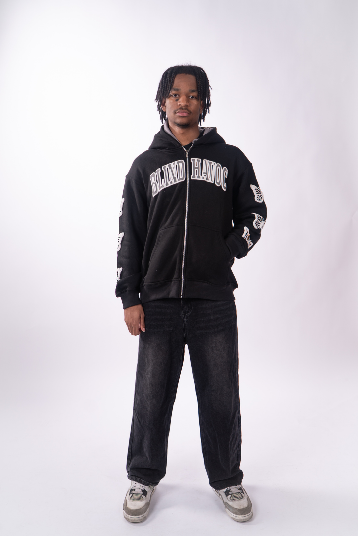 Double hooded butterfly zip-up [Black & Gray]