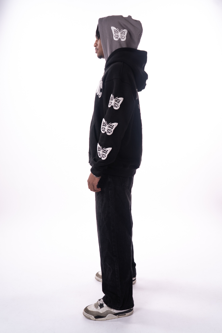 Double hooded butterfly zip-up [Black & Gray]