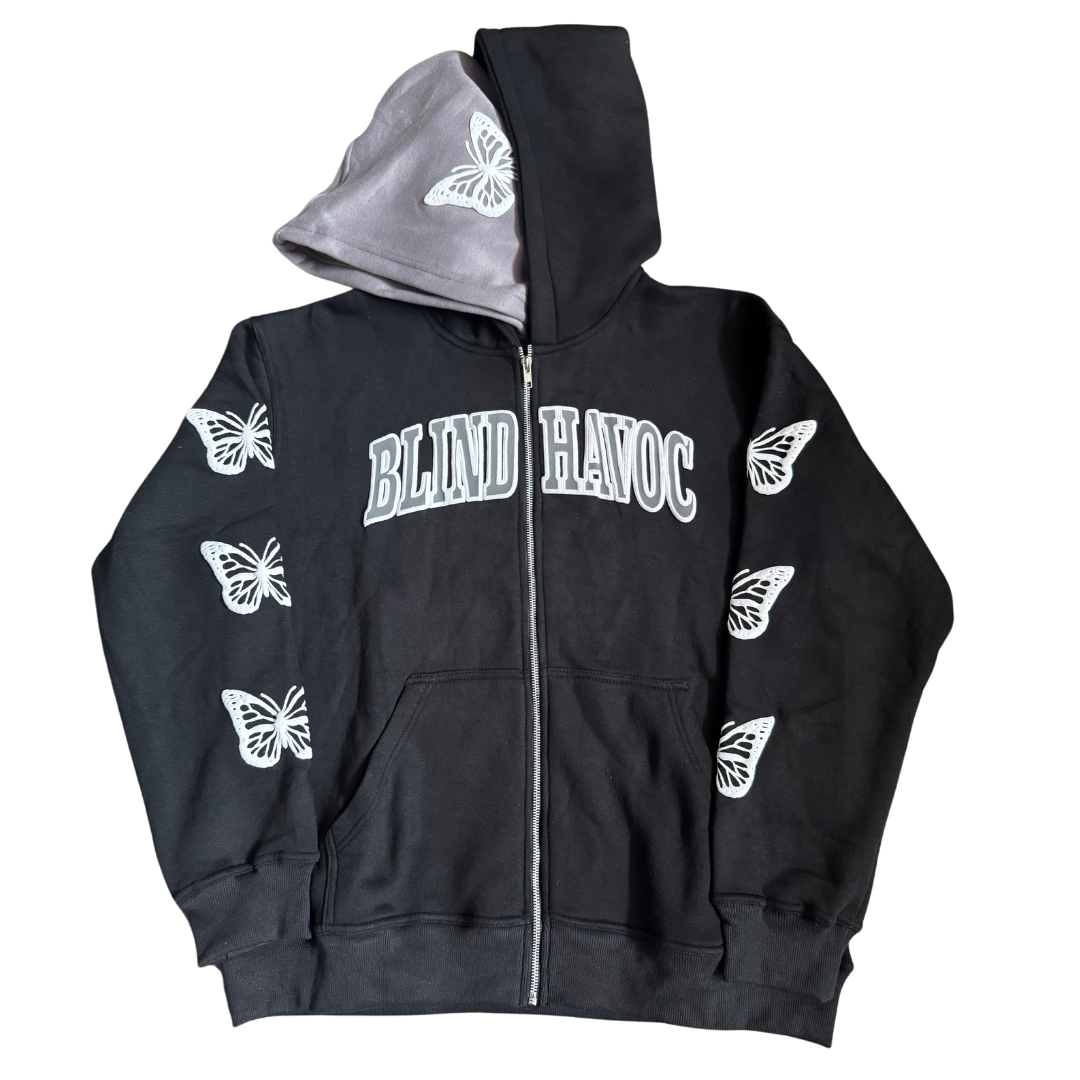 Double hooded butterfly zip-up [Black & Gray]