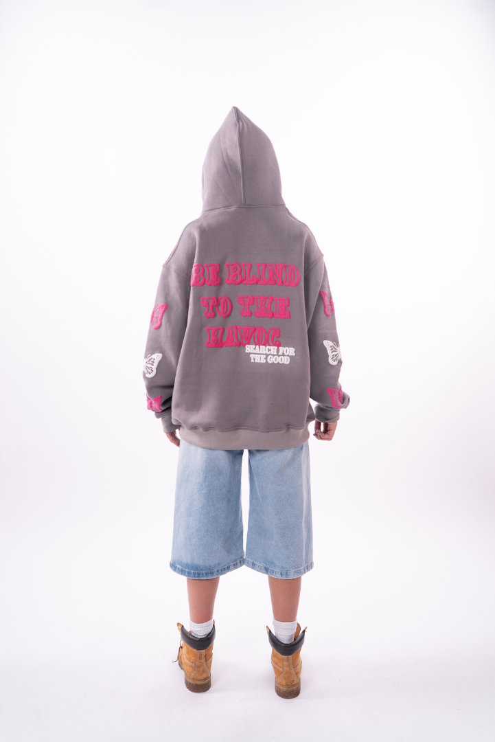 Double hooded butterfly hoodie [Gray & Pink]