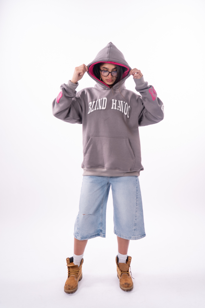 Double hooded butterfly hoodie [Gray & Pink]