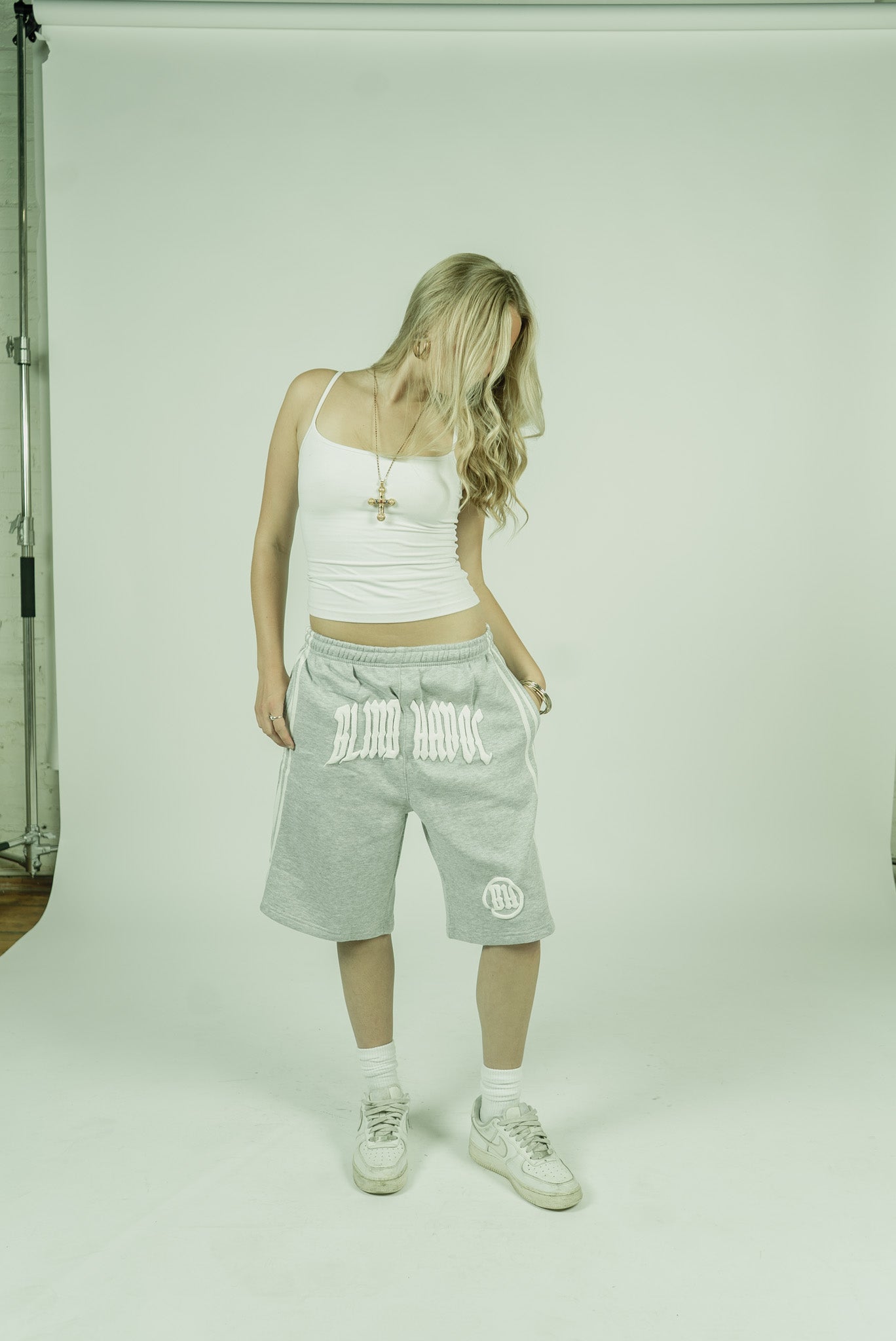 Striped Cotton Long Shorts [Gray]
