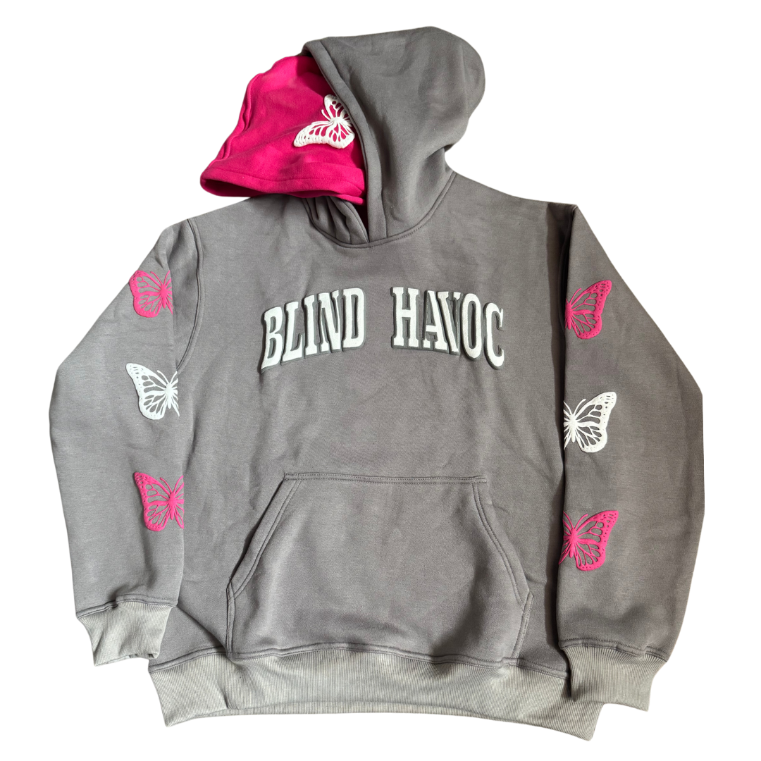 Double hooded butterfly hoodie [Gray & Pink]